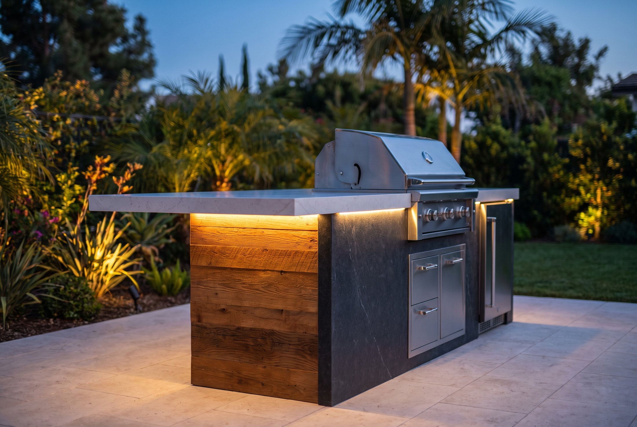 BBQ island with timber front and stone top at dusk