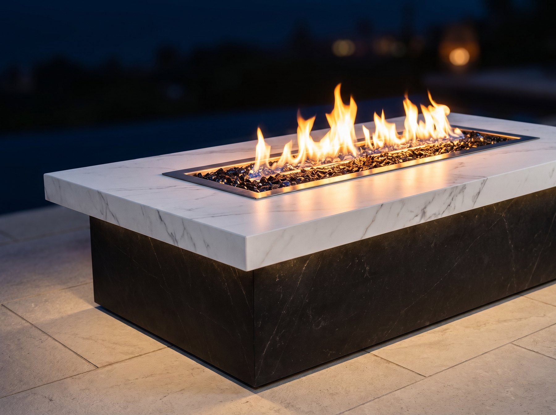 Barcelona fire table lit at night