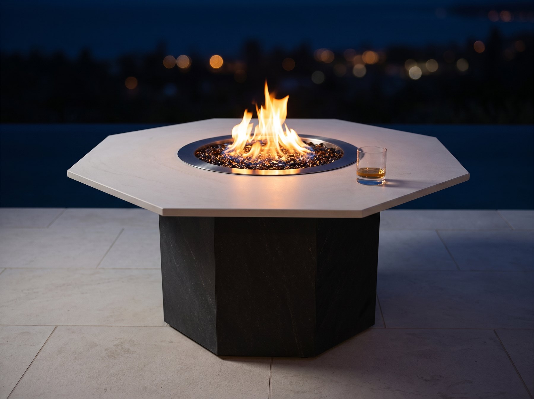 Navarro fire table lit at night