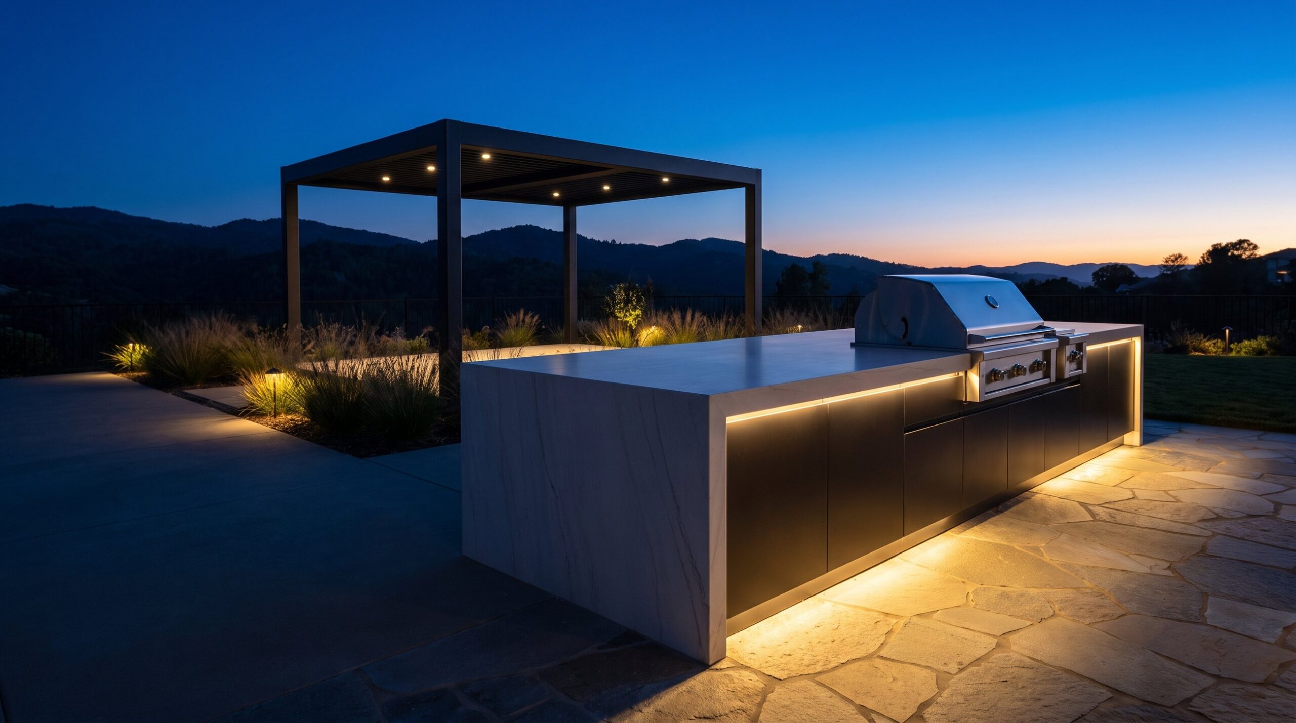 Outdoor kitchen with a waterfall stone island lit at blue hour above the California hills