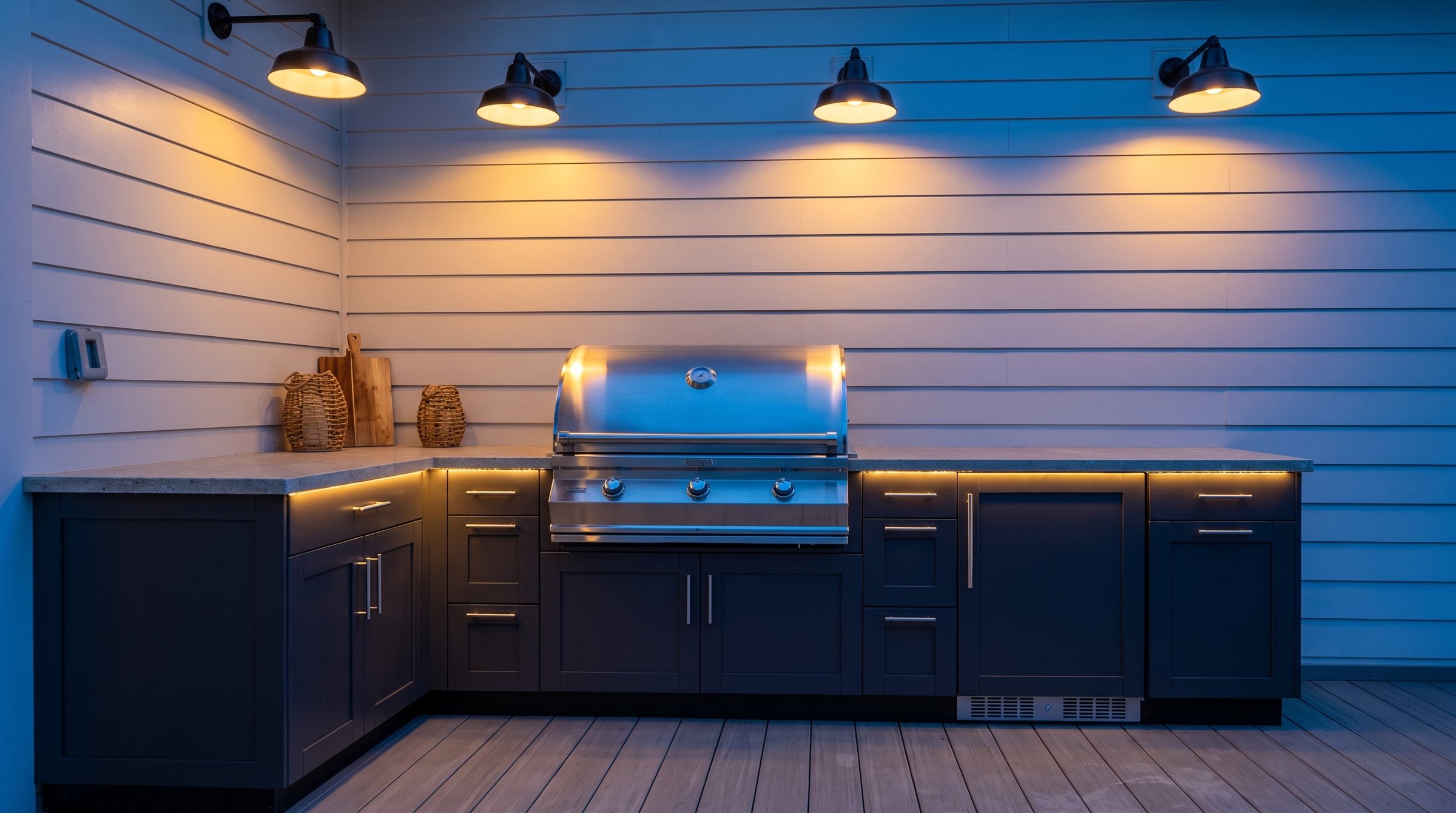 Danver outdoor kitchen lit at blue hour
