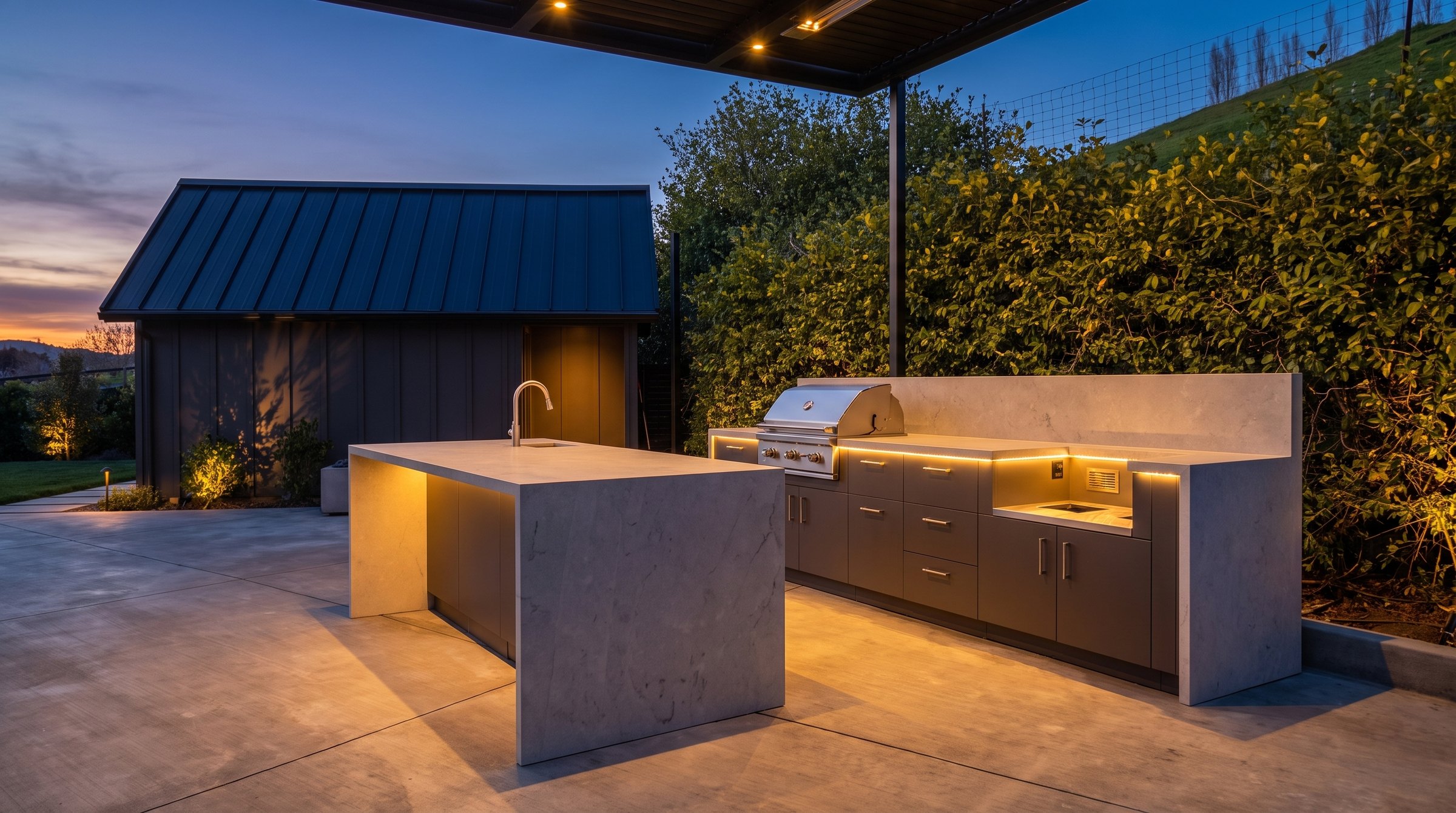 Outdoor kitchen with Danver cabinets and Dekton counters