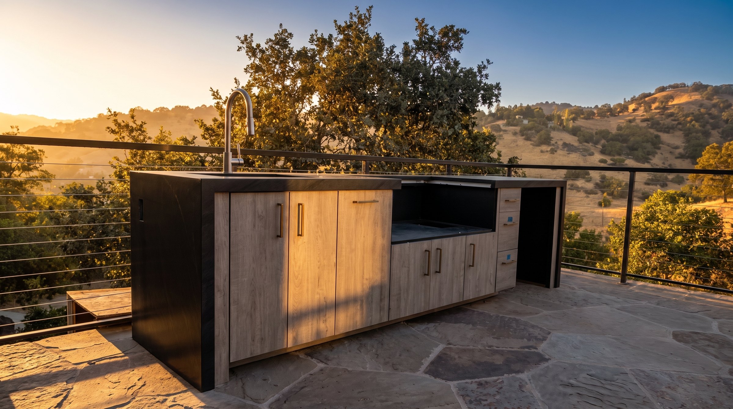 Hillside kitchen with Vermont Black waterfall countertop