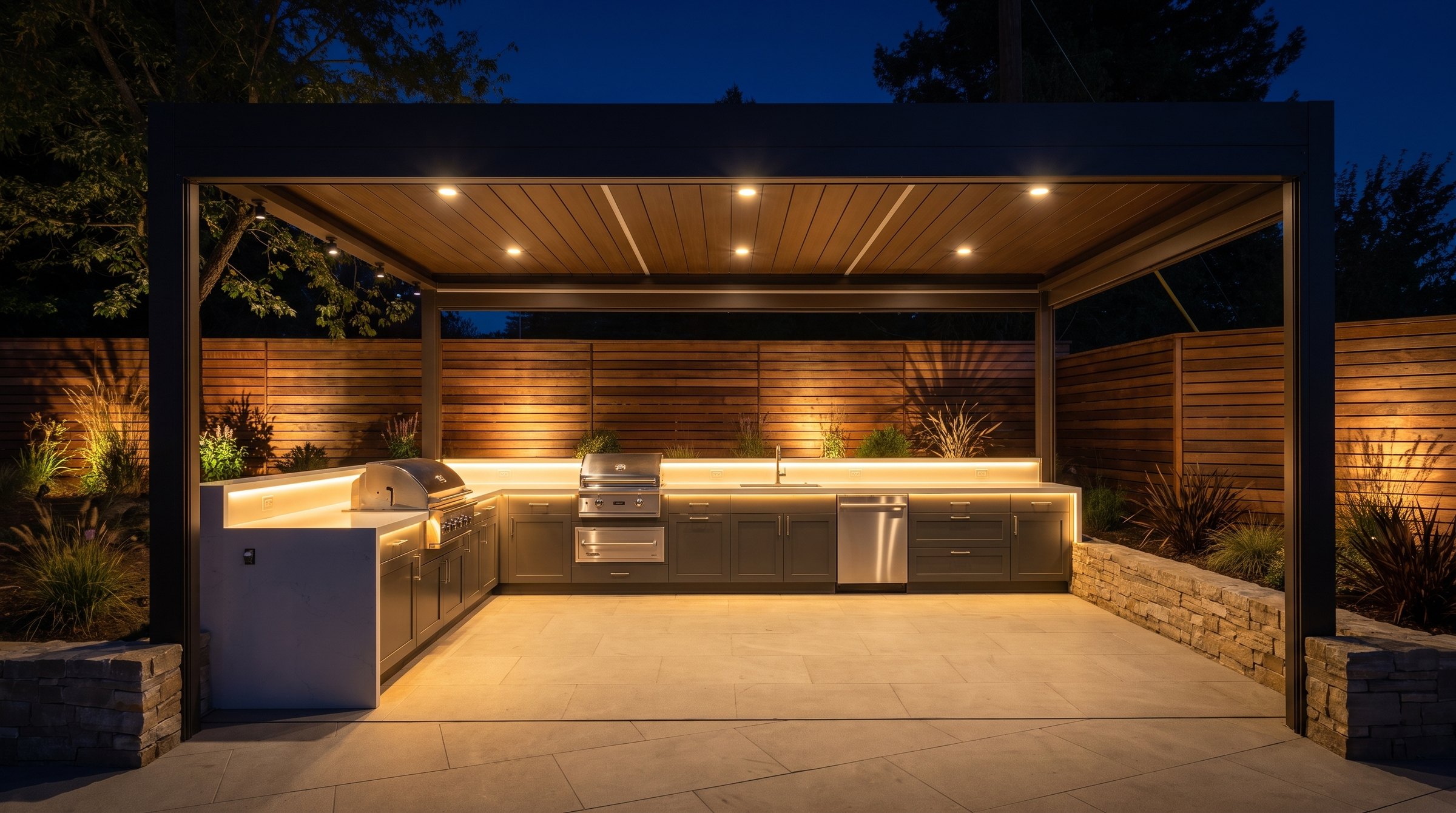 Covered outdoor kitchen with Dekton waterfall island at night