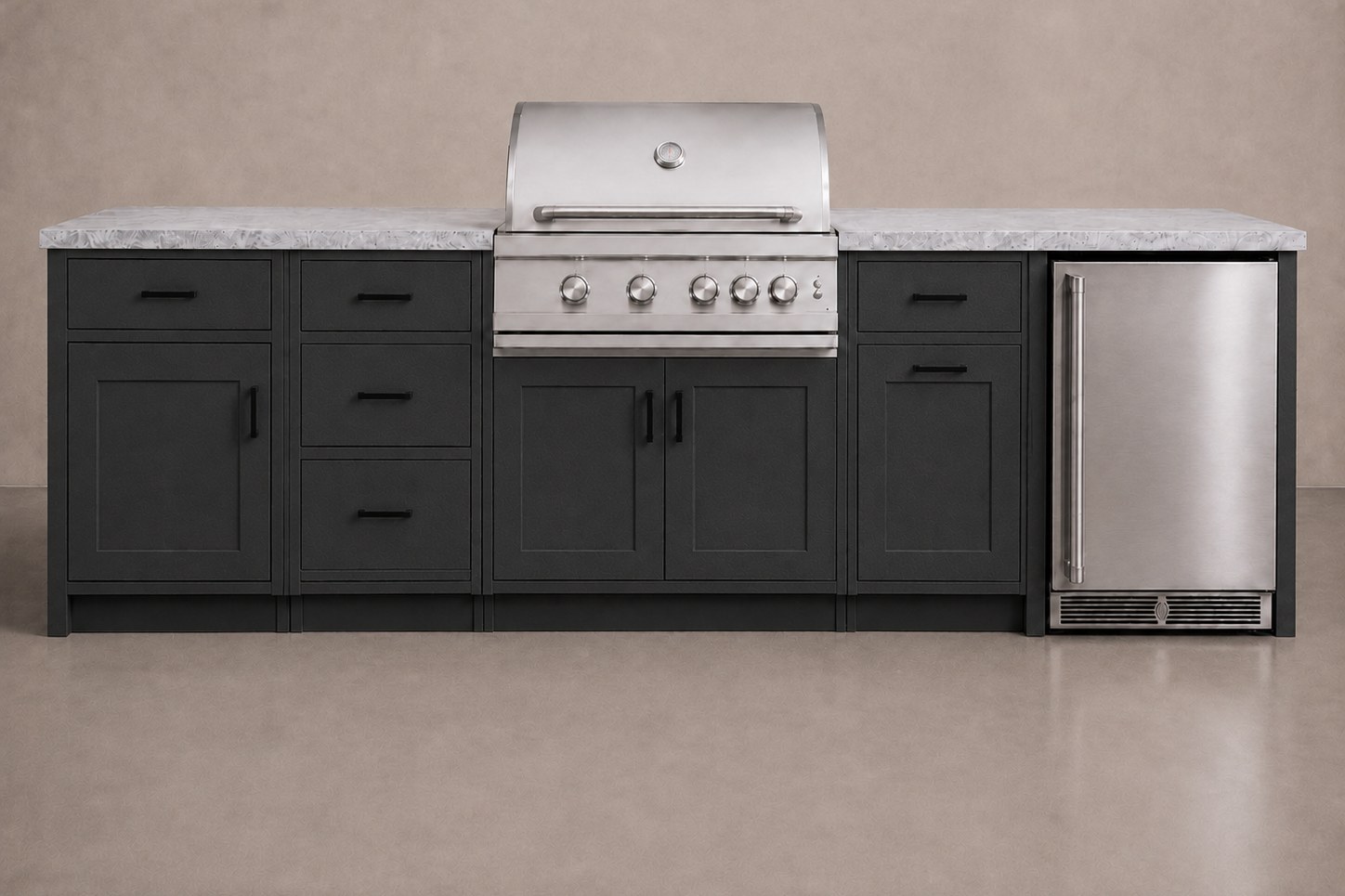 Serene Sunset aluminum island in textured black with a built-in grill and refrigerator